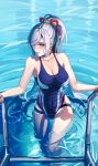  1girl alternate_costume alternate_hairstyle bangs bare_arms bare_shoulders blue_one-piece_swimsuit blush breasts cleavage collarbone covered_navel earrings genshin_impact grey_eyes grey_hair high_ponytail holding jewelry large_breasts long_hair looking_to_the_side parted_lips ponytail pool pool_ladder rasipan shenhe_(genshin_impact) sidelocks smile solo swept_bangs swimsuit tassel tassel_earrings thighs wading water wet 