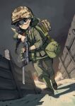  1girl absurdres alternate_costume bayonet black_hair brown_eyes chest_rig erica_(naze1940) fukuda_haru girls_und_panzer glasses green_jacket green_pants gun helmet highres holding holding_gun holding_weapon jacket long_sleeves military military_helmet military_uniform pants shotgun sleeves_rolled_up solo uniform united_states_marine_corps weapon winchester_model_1897 world_war_ii 