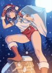  1girl bag boots brown_eyes buruma chimney christmas fingerless_gloves full_moon gloves gym_uniform hat highres light moon night original pairan santa_costume santa_hat shirt short_hair snow snowing solo tree 