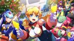  5girls alcohol alia_(mega_man) android artist_name bangs blonde_hair blue_eyes blue_hair blurry blurry_background blush bodysuit breasts champagne champagne_bottle christmas_ornaments christmas_tree commentary cup dark-skinned_female dark_skin dasoin dual_wielding fishnets gloves green_eyes grey_hair headgear headset helmet highres holding joints layer_(mega_man) leaning_forward leviathan_(mega_man) long_hair looking_at_viewer medium_breasts mega_man_(series) mega_man_x8 mega_man_x:_command_mission mega_man_x_(series) mega_man_x_dive mega_man_zero multiple_girls open_mouth pallette_(mega_man) purple_hair robot_joints shiny shiny_hair signature simple_background skin_tight smile teeth upper_teeth_only 