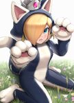 1girl animal_costume animal_ears animal_hands animal_hood bangs blonde_hair blue_eyes blush cat_costume cat_ears cat_girl cat_hood cat_rosalina cat_tail commentary_request crown earrings eyelashes flower from_above gem gonzarez grass hair_over_one_eye hands_up highres hood hood_up jewelry lips looking_at_viewer mario_(series) one_eye_covered parted_bangs parted_lips paw_pose rosalina sidelocks simple_background sitting smile solo star_(symbol) star_earrings super_mario_3d_world swept_bangs tail wariza white_background 