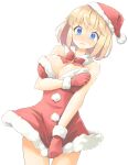  1girl alice_margatroid arnest blonde_hair blue_eyes blush breasts closed_mouth cowboy_shot detached_collar gloves hat highres large_breasts pom_pom_(clothes) red_gloves red_headwear santa_costume santa_hat short_hair simple_background solo touhou white_background 