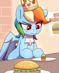  blue_body blue_feathers burger burger_king crown digital_media_(artwork) equid equine eyebrows eyelashes feathered_wings feathers female feral food friendship_is_magic hair hasbro hi_res looking_down mammal multicolored_hair my_little_pony pabbley pegasus plate rainbow_dash_(mlp) rainbow_hair red_eyes solo wings 