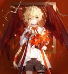  1boy aether_(genshin_impact) bangs bell black_shorts blonde_hair braid brown_eyes closed_mouth cowboy_shot feathered_wings flower genshin_impact hair_between_eyes hair_flower hair_ornament holding holding_bell juexing_(moemoe3345) long_hair long_sleeves looking_at_viewer male_focus red_flower red_wings shirt short_sleeves shorts single_braid smile solo standing very_long_hair white_shirt wings 