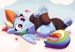  &lt;3 blue_body blue_feathers clothing cutie_mark digital_media_(artwork) dock equid equine eyelashes feathered_wings feathers female feral friendship_is_magic hair hasbro hooves legwear looking_down lying mammal multicolored_hair multicolored_tail my_little_pony on_back pabbley pegasus rainbow_dash_(mlp) rainbow_hair rainbow_tail red_eyes smile solo underhoof wavy_mouth wings 