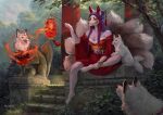  4_toes 5_fingers alsares anthro breasts canid canine clothed clothing day detailed_background feet female fingers fox fur grass group hair lamp lantern mammal moss open_mouth outside plant purple_hair sitting sky teeth toes tongue tree white_body white_fur 