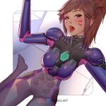  1girl bangs bodysuit breasts brown_hair d.va_(overwatch) facial_mark hair_tie inhoso long_hair looking_at_viewer medium_breasts open_mouth overwatch pilot_suit ponytail purple_bodysuit solo swept_bangs tongue tongue_out web_address whisker_markings 