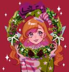  1girl blonde_hair christmas clownpiece dress earrings facial_mark fairy fairy_wings fingernails hat jester_cap jewelry konoha217 long_hair long_sleeves pink_eyes red_background smile solo sparkle star_(symbol) star_earrings star_print striped striped_dress tongue tongue_out touhou upper_body wings 