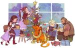  3boys 3girls aerith_gainsborough animal armor bangle bangs bare_shoulders barret_wallace basket beard black_bra black_hair black_skirt black_thighhighs blonde_hair blue_pants blue_shirt boots box bra bracelet braid braided_ponytail brown_hair brown_vest cait_sith_(ff7) cape cat chibi christmas christmas_ornaments christmas_tree cloud_strife crop_top cropped_jacket crown dark-skinned_male dark_skin decorating dress elbow_gloves facial_hair facial_mark facing_away feather_hair_ornament feathers female_child final_fantasy final_fantasy_vii final_fantasy_vii_remake fingerless_gloves flame-tipped_tail full_body gift gift_box gloves green_pants hair_ornament hair_ribbon highres holding holding_basket holding_box holding_ornament holding_ribbon indoors jacket jewelry lanimalu long_dress long_hair looking_at_another marlene_wallace mini_crown miniskirt multiple_boys multiple_girls orange_fur pants parted_bangs pink_dress pink_ribbon red_cape red_footwear red_hair red_jacket red_xiii ribbon shirt short_hair short_sleeves shoulder_armor sidelocks sitting skirt sleeveless sleeveless_turtleneck snow spiked_hair sports_bra standing_on_another&#039;s_head stool suspenders swept_bangs thighhighs tifa_lockhart tinsel turtleneck tying underwear very_short_hair vest white_background white_gloves window 