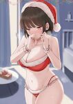  1girl absurdres bikini black_hair box breasts christmas cleavage collarbone commentary_request covering_mouth fingernails gift gift_box hat highres indoors itou_konnyaku large_breasts navel original red_bikini red_eyes red_headwear santa_hat short_hair solo sweat swimsuit wrist_cuffs 