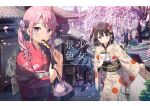  2girls bangs black_hair cherry_blossoms closed_mouth eating eyebrows_hidden_by_hair food hair_ornament highres holding holding_food japanese_clothes kantoku kimono long_sleeves looking_at_viewer multiple_girls obi petals pink_hair purple_eyes sash side_ponytail smile twintails upper_body wide_sleeves 
