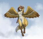  2022 angel anthro biped breasts brown_hair canid canine clothing digital_media_(artwork) feathered_wings feathers female flying fox foxovh fur genitals hair halo mammal nipples nude pussy solo white_body white_fur wings yellow_body yellow_fur 