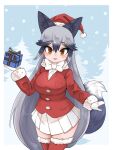  1girl animal_ears aramaru black_fur breasts christmas dress extra_ears fox_ears fox_girl fox_tail fur-trimmed_dress fur-trimmed_headwear fur-trimmed_thighhighs fur_trim gift gloves hat highres kemono_friends kemono_friends_3 large_breasts long_hair looking_at_viewer miniskirt pleated_skirt red_dress red_gloves red_headwear santa_costume santa_dress santa_gloves santa_hat silver_fox_(kemono_friends) skirt solo tail thighhighs thighs tongue tongue_out zettai_ryouiki 