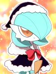  1girl alternate_color bangs black_capelet black_headwear blue_hair blue_skin bob_cut capelet closed_mouth clothed_pokemon colored_skin commentary_request english_commentary flat_chest fur-trimmed_capelet fur-trimmed_headwear fur_trim gardevoir hair_over_one_eye happy hat highres mixed-language_commentary multicolored_skin one_eye_covered orange_background orange_eyes outline partial_commentary pokemon pokemon_(creature) pom_pom_(clothes) santa_hat shiny_pokemon short_hair smile solo split_mouth standing two-tone_skin upper_body white_outline white_skin yuri_(pixiv_76483886) 