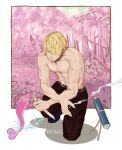  1boy asuka_shirogane beard blonde_hair cigarette facial_hair fish forest hair_over_one_eye highres holding holding_cigarette holding_knife jungle knife looking_at_viewer male_focus muscular muscular_male nature one_eye_covered one_knee one_piece pink_background sanji_(one_piece) scroll shadow short_hair smoke topless_male 