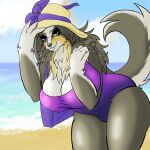  beach big_breasts breasts canid canine canis cleavage clothed clothing crampedhand domestic_dog emma_williams_(crampedhand) female hat headgear headwear herding_dog hi_res huge_breasts leaning leaning_forward lips mammal neck_tuft one-piece_swimsuit pastoral_dog sea seaside solo straw_hat swimwear thick_bottom_lip tuft water 