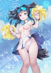  1girl absurdres aerial_fireworks animal_ears bangs bare_shoulders black_hair blue_archive blue_eyes bluesnail breasts breasts_out cheerleader dog_ears dog_girl dog_tail eyewear_on_head fireworks goggles goggles_on_head halo hibiki_(blue_archive) hibiki_(cheerleader)_(blue_archive) highres long_hair looking_at_viewer medium_breasts miniskirt nipples official_alternate_costume open_mouth paid_reward_available panties pantyshot pleated_skirt pom_pom_(cheerleading) sidelocks skirt small_breasts solo sunglasses tail topless twintails underwear white_panties white_skirt wristband 
