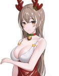  1girl absurdres antlers arm_under_breasts bell breasts brown_eyes brown_hair choker christmas cleavage earrings highres hololive hololive_english jewelry jingle_bell large_breasts long_hair looking_at_viewer merrick mistletoe mistletoe_hair_ornament multicolored_hair nanashi_mumei neck_bell red_choker reindeer_antlers revision simple_background solo two-tone_hair upper_body virtual_youtuber white_background white_hair 