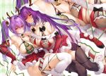 2girls bangs bare_shoulders blush breasts cleavage closed_mouth commentary_request detached_sleeves fake_antlers fate/grand_order fate_(series) large_breasts long_hair long_sleeves looking_at_viewer multiple_girls obiwan parted_lips purple_hair red_eyes red_sleeves scathach_(fate) scathach_skadi_(fate) sideboob smile thighhighs thighs weisuoxin white_thighhighs 
