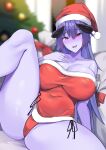  1girl absurdres arunira bare_shoulders black_horns blue_hair blurry blurry_background blush breasts brll christmas christmas_tree cleavage colored_skin commentary_request covered_navel dress fang hat highres horns large_breasts long_hair looking_at_viewer open_mouth original panties pointy_ears purple_skin red_dress red_eyes red_headwear red_panties santa_hat sitting skin_fang solo thighs underwear 