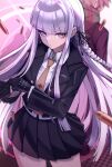  1boy 1girl :/ absurdres adjusting_clothes adjusting_gloves bangs black_gloves black_jacket black_ribbon black_skirt blunt_bangs brown_hair brown_necktie bullet collared_shirt danganronpa:_trigger_happy_havoc danganronpa_(series) gloves hair_ribbon highres hood hood_down hoodie jacket kirigiri_kyouko long_hair miniskirt naegi_makoto necktie open_clothes open_jacket pink_eyes pleated_skirt psidubs ribbon shiny shiny_clothes shiny_hair shirt skirt solo_focus white_shirt 