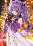  1girl absurdres bag bangs bare_shoulders blurry blurry_background blush buttons christmas cone_hair_bun double_bun flower fringe_trim genshin_impact gift hair_between_eyes hair_bun hair_flaps hair_flower hair_ornament high-waist_skirt highres holding holding_gift keqing_(genshin_impact) keqing_(lantern_rite)_(genshin_impact) long_hair long_sleeves looking_at_viewer mitsu336 official_alternate_costume open_mouth pearl_hair_ornament purple_eyes purple_hair purple_sweater scarf shoulder_bag sidelocks skirt smile snowflakes solo sweater white_bag white_skirt 