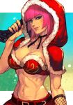  1girl bangs belt blue_eyes blunt_bangs breasts cleavage fishnets holding holding_whip hungry_clicker large_breasts looking_at_viewer navel official_alternate_costume official_alternate_hairstyle pink_hair pink_nails poison_(final_fight) short_hair smirk solo street_fighter street_fighter_v upper_body 