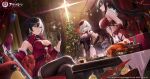  3girls agano_(azur_lane) azur_lane bangs bell belt bird black_belt black_bra black_dress black_gloves black_hair bra breasts bruenhilde_(azur_lane) cake chick christmas_tree cleavage_cutout clothing_cutout couch covered_navel crossed_legs detached_sleeves dress floating_hair food from_side fur-trimmed_sleeves fur_trim glint gloves grey_hair guernical hair_between_eyes hand_on_hip highres holding holding_sword holding_weapon indoors large_breasts long_hair looking_at_viewer luetzow_(azur_lane) manjuu_(azur_lane) multicolored_hair multiple_girls official_art on_couch open_mouth parted_lips pelvic_curtain ponytail red_headwear see-through single_glove sitting sleeveless standing sword table thighhighs thighs turkey_(food) two-tone_hair underwear weapon white_gloves white_hair 