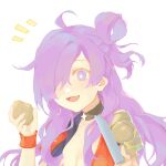  +_+ 1girl :d ahoge armor black_choker breasts chinese_commentary choker cleavage fang fire_emblem fire_emblem:_three_houses fire_emblem_warriors:_three_hopes hair_bun hair_over_one_eye highres holding holding_knife knife light_purple_hair medium_breasts notice_lines open_mouth orange_wristband purple_eyes shez_(fire_emblem) shez_(fire_emblem)_(female) shoulder_armor simple_background single_side_bun skin_fang smile solo virno white_background wristband 