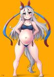  1girl :q animal_ears arms_behind_back ass_visible_through_thighs bangs big_belly bikini blue_eyes blush breasts closed_mouth commentary_request dot_nose full_body grey_hair hair_between_eyes hairband head_tilt highres legs_apart long_hair looking_at_viewer navel orange_background shadow shigekikkusu shiny shiny_hair side-tie_bikini_bottom sidelocks signature simple_background small_breasts solo standing straight-on swimsuit tail tamamo_cross_(umamusume) thick_thighs thighs tongue tongue_out umamusume 