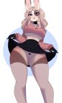  absurd_res anthro blonde_hair blue_eyes bottomwear breasts butt_from_the_front clothed clothing clothing_lift crop_top crop_top_sweater female fur genitals hair heart_(marking) hi_res lagomorph legwear leporid long_sleeves looking_at_viewer looking_down_at_viewer low-angle_view mammal midriff narrowed_eyes nipple_outline no_underwear presenting presenting_pussy pussy rabbit seirva shirt skirt skirt_lift solo stockings tan_body tan_fur thigh_highs topwear under_boob 