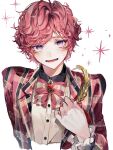  1boy :d absurdres bangs blush bow bowtie brooch chloe_collins collared_shirt cropped_torso curly_hair dress_shirt feathers frilled_sleeves frills gem highres jacket jewelry lapel_pin looking_at_viewer mahoutsukai_no_yakusoku male_focus mole mole_under_eye nervous_smile open_clothes open_jacket plaid plaid_jacket purple_eyes red_bow red_bowtie red_gemstone red_hair red_jacket shirt simple_background smile solo sparkle sweatdrop swept_bangs two-tone_bow u-sama_(u_summer0719) white_background white_shirt 