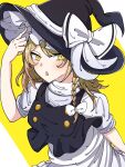  1girl 584koyashi black_headwear black_vest blonde_hair bow braid frilled_hat frills hat hat_bow highres kirisame_marisa looking_at_viewer short_sleeves side_braid single_braid solo touhou turtleneck upper_body vest white_bow yellow_eyes 