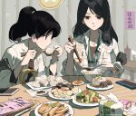  2girls bangs black_hair blowing brown_eyes chopsticks closed_mouth dumpling eating expressionless food hands_up highres holding holding_chopsticks holding_spoon indoors jacket jewelry long_hair long_sleeves meat multiple_girls necklace original parted_lips plate ponytail sitting soup spoon tennohi tissue_box white_jacket 