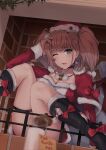  1girl atlanta_(kancolle) bell black_choker black_footwear blush boots brown_hair choker collarbone detached_sleeves earrings grey_eyes hat highres jewelry k_jie kantai_collection knee_boots long_hair neck_bell one_eye_closed open_mouth pom_pom_(clothes) red_headwear sack santa_costume santa_hat single_earring solo star_(symbol) star_earrings two_side_up 