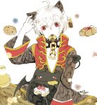  1boy ahoge animal_ears bangs brown_coat cake cat_ears chain checkerboard_cookie closed_mouth coat commentary_request cookie demon deviruchi eating food long_sleeves looking_to_the_side male_focus open_clothes open_coat priest_(ragnarok_online) ragnarok_online red_coat red_eyes short_hair simple_background tokio_(okt0w0) two-tone_coat upper_body white_background white_hair 