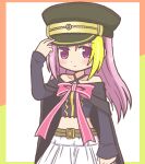  1girl arm_up arm_warmers belt black_cape black_headwear black_shirt black_sleeves blonde_hair blush borrowed_hairstyle cape closed_mouth cosplay crop_top detached_sleeves hand_on_headwear hat long_hair magia_record:_mahou_shoujo_madoka_magica_gaiden magical_girl mahou_shoujo_madoka_magica misono_karin pink_ribbon pleated_skirt purple_eyes purple_hair reverse_(bluefencer) ribbon shirt skirt solo standing white_skirt 