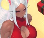  1girl animal_ears artist_name bangs bare_shoulders bikini boku_no_hero_academia breasts christmas cleavage_cutout clothing_cutout dark-skinned_female dark_skin gabriel_carrasquillo gift large_breasts long_eyelashes long_hair looking_at_viewer mirko parted_bangs rabbit_ears rabbit_girl red_eyes smile solo swimsuit tankini toned upper_body white_hair yellow_background 