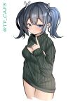  1girl absurdres blue_eyes blue_hair breasts cleavage commentary_request cowboy_shot grey_sweater hair_ribbon highres kantai_collection large_breasts meme_attire one-hour_drawing_challenge open-chest_sweater parted_lips ribbed_sweater ribbon solo souryuu_(kancolle) sweater tf_cafe twintails 