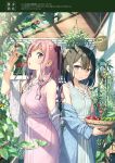  2girls :o arm_behind_back back-to-back bangs bare_shoulders basket black_hair blurry blurry_foreground blush bow branch breasts cherry closed_mouth commentary_request dappled_sunlight dress floral_print food fruit greenhouse grey_dress hair_behind_ear hair_bow hair_ornament hair_scrunchie highres holding holding_basket holding_branch indoors kantoku kurumi_(kantoku) leaf long_hair long_sleeves looking_at_viewer medium_breasts melonbooks multiple_girls off_shoulder one_side_up open_clothes open_mouth open_robe original pink_dress pink_eyes pink_hair plant potted_plant print_robe red_bow ringlets robe sailor_collar scrunchie shadow shawl shizuku_(kantoku) short_hair sidelocks sleeveless sleeveless_dress small_breasts smile standing sunlight translation_request tree white_sailor_collar white_scrunchie white_shawl 