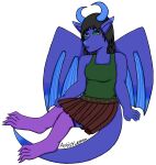  absurd_res anthro artistlemon belt black_hair blue_body blue_scales bottomwear claws clothing dragon female footwear green_clothing green_eyes green_shirt green_topwear hair hi_res horn katerina_(artistlemon) legwear scales shirt skirt socks solo thigh_highs topwear wings 