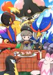  armarouge ayakadegozans bacon beak beret black_gloves brown_hair fire florian_(pokemon) food gloves hat highres ketchup_bottle kilowattrel koraidon lokix mayonnaise mole mole_under_mouth pokemon pokemon_(creature) pokemon_(game) pokemon_sv quaquaval sandwich table tentacles tinkaton toedscruel 