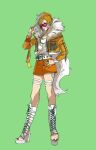  1girl belt black_nails brown_hair cross-laced_footwear full_body fur_trim gradient_hair green_background hand_on_hip highres jacket jewelry long_legs looking_at_viewer lycanroc multicolored_hair orange_jacket orange_skirt personification platform_footwear pokemon ring shirt simple_background skirt smile solo standing streaked_hair sunglasses tail thigh_strap toeless_footwear white_footwear white_hair white_shirt woborou 