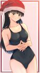  1girl amagami ayatsuji_tsukasa bangs black_eyes black_hair blunt_bangs breasts closed_mouth commentary_request competition_swimsuit covered_navel hat highres long_hair marurenkon medium_breasts one-piece_swimsuit own_hands_together santa_hat smile solo swimsuit 