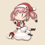  1girl atlanta_(kancolle) bell belt black_belt black_footwear blush boots brown_hair capelet chibi closed_mouth earrings full_body grey_eyes hat jewelry kamoku_nagi kantai_collection long_hair lowres neck_bell pom_pom_(clothes) red_capelet red_headwear sack santa_costume santa_hat simple_background single_earring sitting solo star_(symbol) star_earrings thigh_strap two_side_up yellow_background 