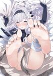  1girl absurdres barefoot bed bed_sheet black_hairband blue_archive blush breasts clothes_lift feet feet_up flower foot_focus hair_flower hair_ornament hair_tubes hairband halo highres himari_(blue_archive) long_sleeves looking_at_viewer lying mole mole_under_eye on_back on_bed pointy_ears purple_eyes sakenomi_akane sheet_grab shirt_lift soles striped striped_hairband sweat toes white_hair 