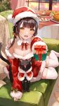  1girl bangs bare_shoulders black_cat blanket blunt_bangs blurry blurry_background blush bow box breasts brown_hair cat christmas christmas_tree city_lights cleavage collarbone commentary_request couch detached_collar detached_sleeves dress eyelashes fangs food fur-trimmed_dress fur-trimmed_headwear fur-trimmed_sleeves fur_collar fur_trim gift gift_box glint hair_bow hair_ornament hair_ribbon hat highres holding holding_gift incoming_gift indoors long_hair long_sleeves looking_at_viewer low_twintails medium_breasts mole mole_under_eye night nima_(niru54) on_couch open_mouth original outstretched_arm plate pom_pom_(clothes) red_bow red_dress red_headwear red_ribbon red_sleeves ribbon santa_costume santa_hat sidelocks signature smile strapless strapless_dress table tablecloth thighhighs turkey_(food) twintails white_thighhighs window wing_collar x_hair_ornament yellow_eyes 