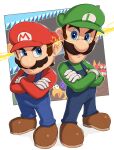  2boys blue_eyes blue_pants brothers brown_footwear brown_hair buttons closed_mouth commentary_request crab crossed_arms electricity facial_hair frown full_body furrowed_brow gloves gonzarez green_headwear green_shirt hat highres long_sleeves looking_at_another luigi male_focus mario mario_(series) mario_bros. multiple_boys mustache overalls pants red_headwear red_shirt shell shellcreeper shirt shoes short_hair siblings sidestepper sideways_glance standing turtle_shell white_gloves 