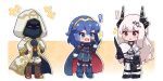  1other 2girls ambiguous_gender arknights blue_hair blush chibi commission cosplay crossover demon_girl demon_horns doctor_(arknights) fire_emblem fire_emblem_awakening fire_emblem_heroes highres hood horns kiran_(fire_emblem) kiran_(fire_emblem)_(cosplay) kurotofu laughing lucina_(fire_emblem) mask mask_removed mudrock_(arknights) multiple_girls surprised ventoargento white_hair 