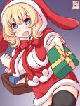  1girl alternate_costume animal_hood basket black_thighhighs blonde_hair blue_eyes box braid breasts capelet christmas colorado_(kancolle) dress gift gift_box hood kanon_(kurogane_knights) kantai_collection large_breasts looking_at_viewer one-hour_drawing_challenge open_mouth rabbit_hood santa_dress short_hair side_braids smile thighhighs 